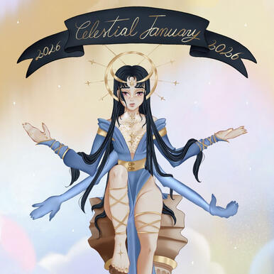 Une déesse grecque avec de longs cheveux noirs bleutés est assise sur une colonne d'un temple avec ses 4 bras ouverts, accueillant la lumière ; elle porte une belle robe / tunique bleue avec des accessoires dorés