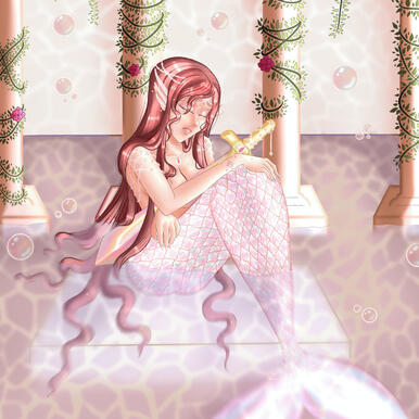 Mermaid holographic tail and pearl jewelry Une sirène qui tient une épée entre ses mains est assise au milieu d'un petit étang entourée de fleurs ; elle a de longs cheveux roses et porte des bijoux en perles