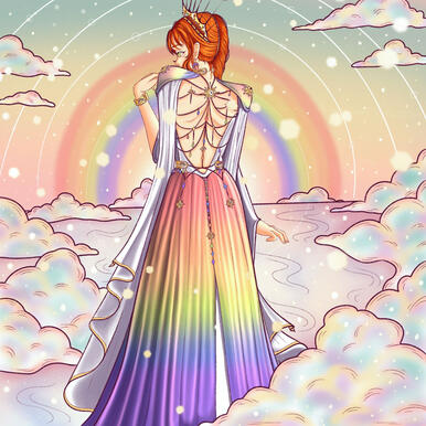 Rainbow greek goddess Iris inspired art with red haired woman in a rainbow dress and clouds Une femme rousse est debout au milieu des nuages et des arc-en-ciels portant une robe de toutes les couleurs avec une tunique similaire aux déesses grecques et des bijoux dorés dans son dos et sur sa tête